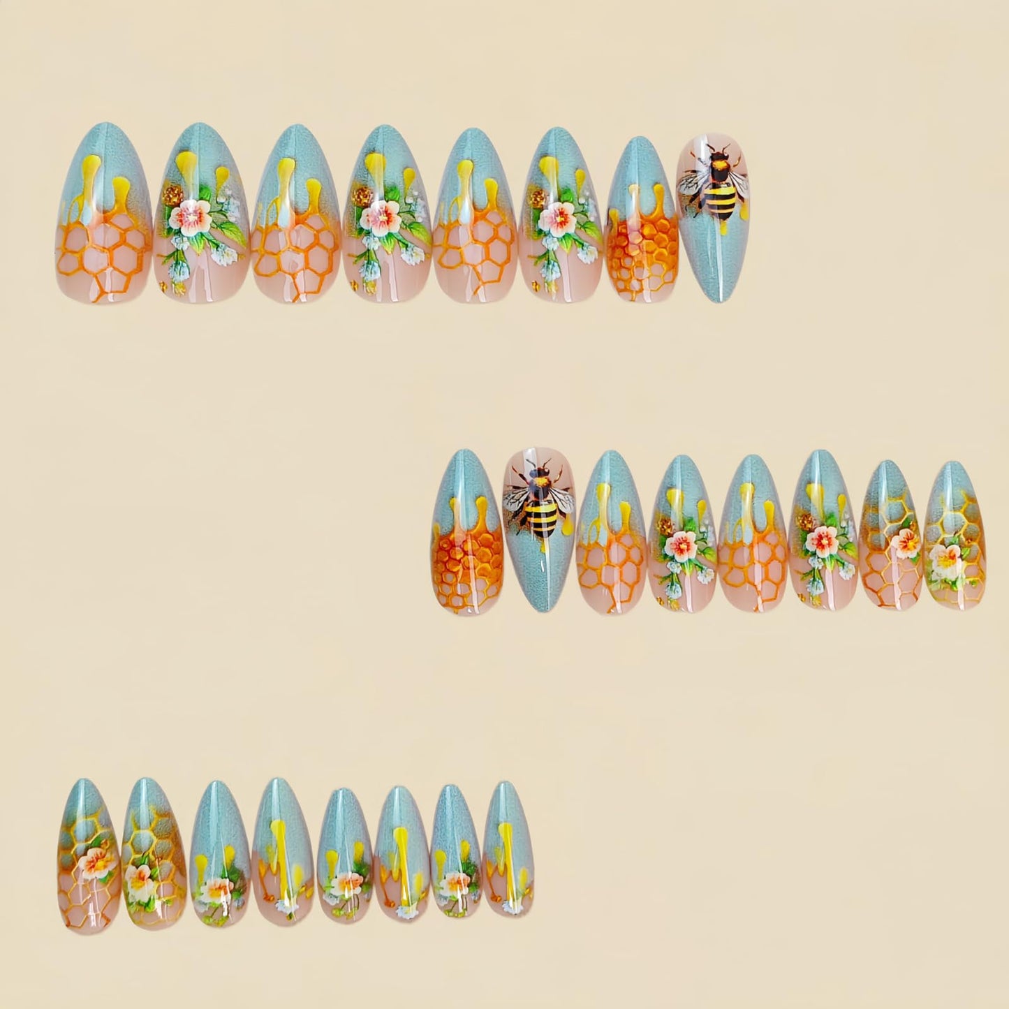 Long Almond Press on Nails Yellow Bees Honeycomb Honey Fake Nails Flower Glossy Stick on Nails Artificial Acrylic False Nails for Women Nail Art 24Pcs