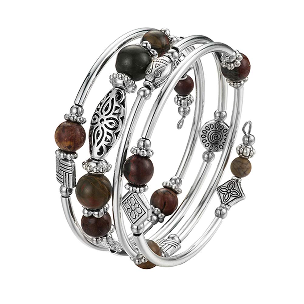 BULINLIN Layered Wrap Bangle Turquoise Bracelet - Bead Bracelet with Natural Agate Stone, Gifts For Women (06-Picasso)
