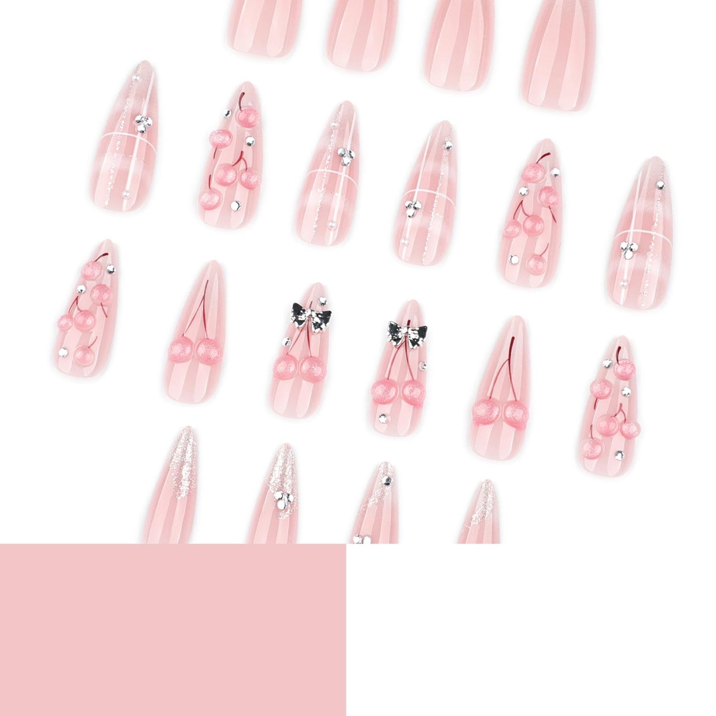 Almond Press On Nails Medium Long Fake Nails Press Ons With 3D Cherry Rhinestone Design Acrylic Nails Silver Bow False Nails Pink Glossy Glue On Nails For Women