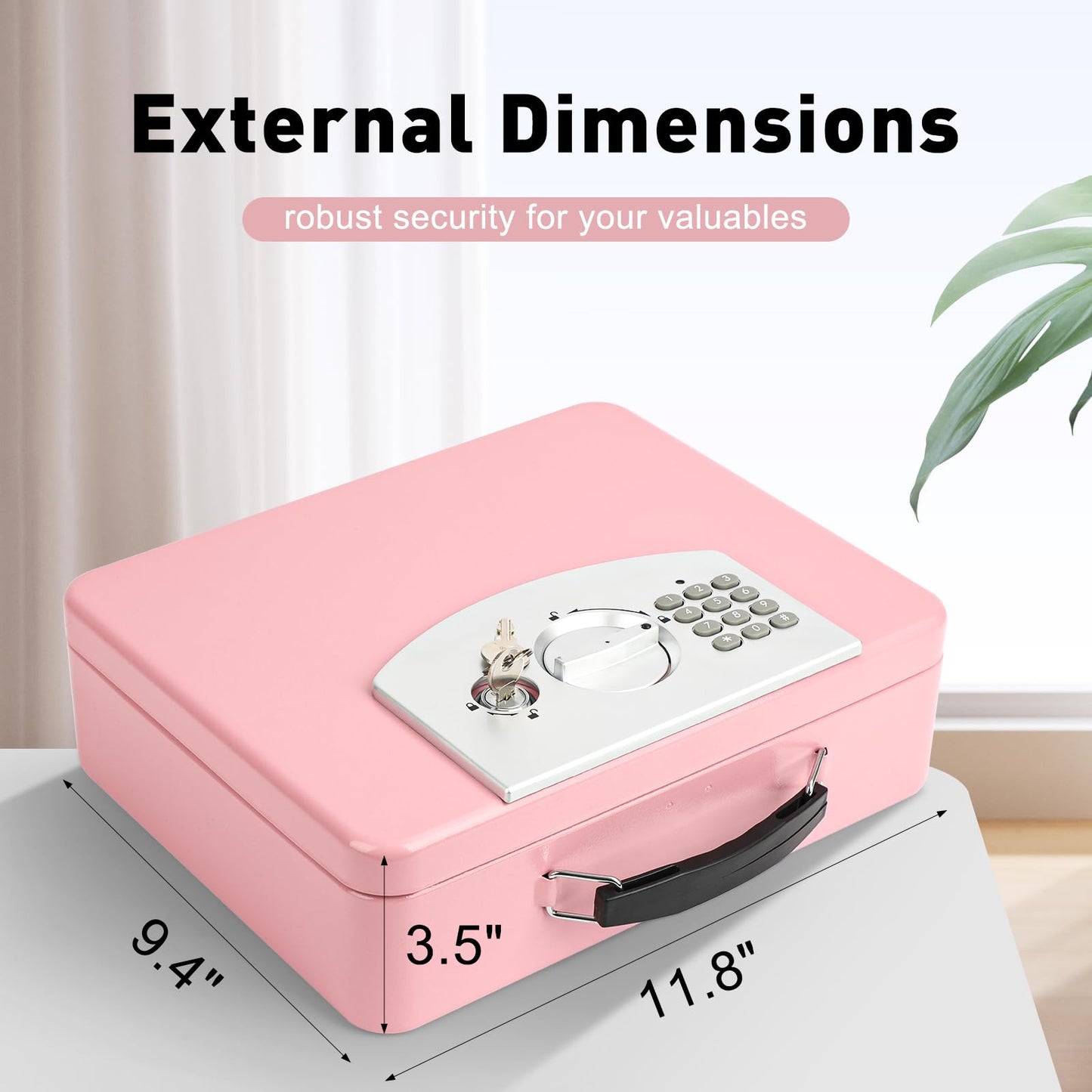 KYODOLED Pink Safe Box with Digital Keypad Lock, Lock Box with Code for Personal Items, Metal Security Box for Cash, Passport, Jewelry, Ideal for Home, Office, Garage Sale, 11.8'' x 9.4'' x 3.5''