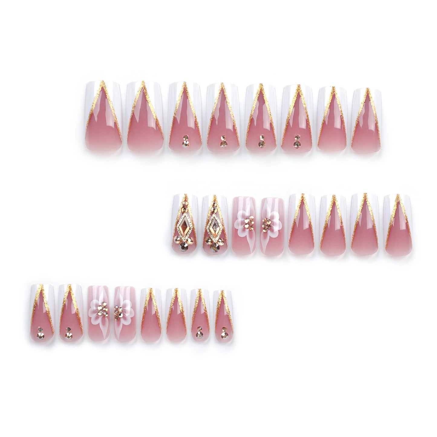 MISUD Press on Nails - Long Square Fake Nails with White French Tip, Acrylic Bling Gold Glitter Rhinestone Design 24 pcs