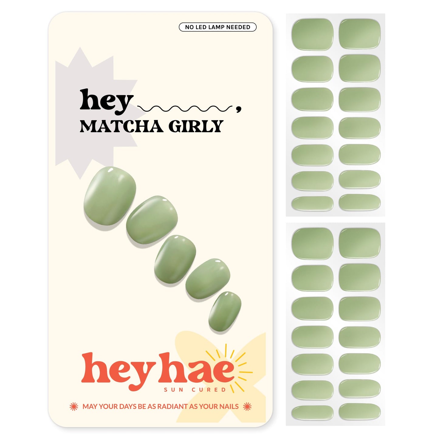 Heyhae Semi Cured Gel Nail Strips | No LED Lamp Needed | Solid, Green, Spring | Easy Apply & Remove, Salon Quality | Includes 28 Strips, 1 Prep Pads, Nail File & Wooden Stick - Hey, Matcha Girly