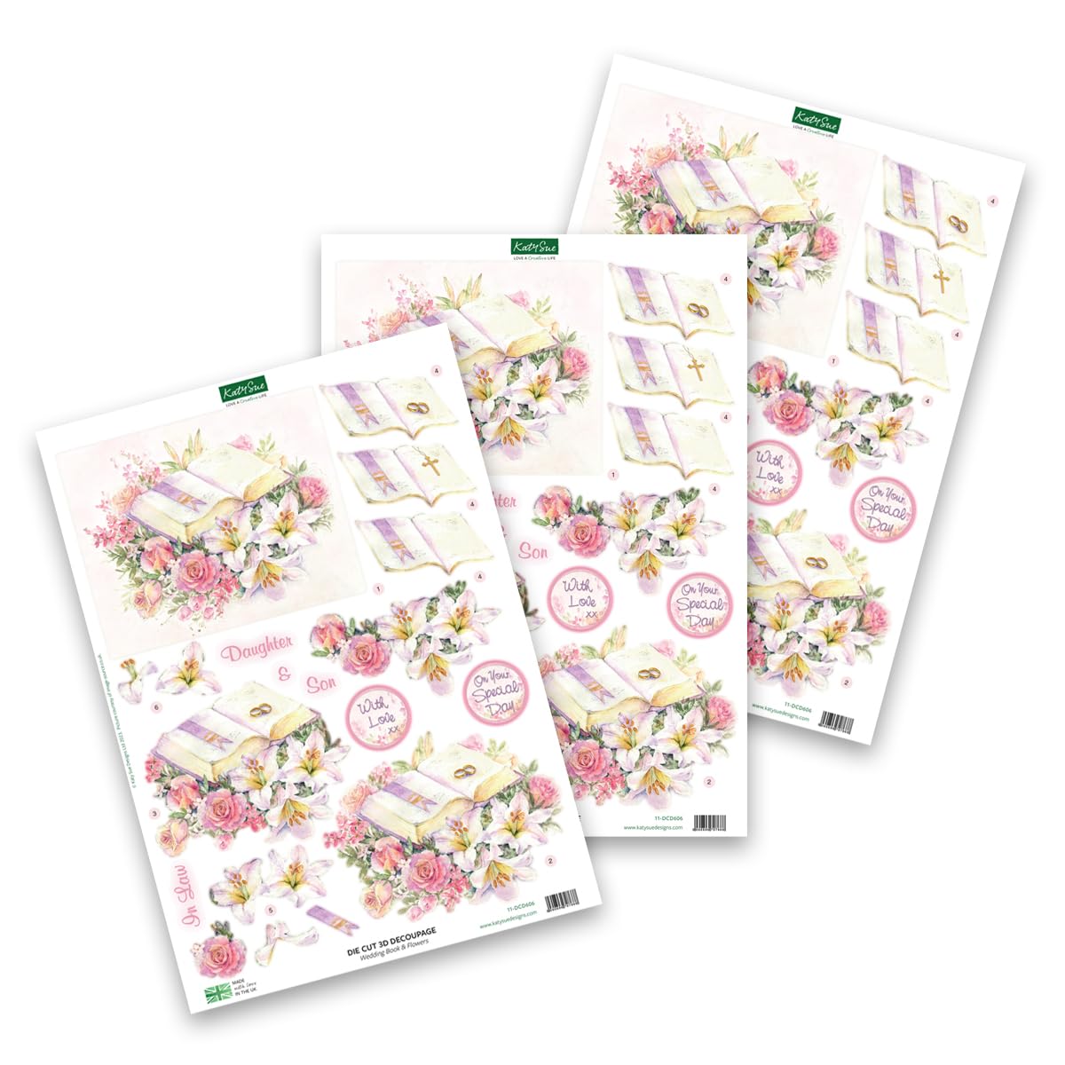Katy Sue Designs On Your Special Day 3D Die-Cut Decoupage Sheets for Card Making & Scrapbooking. 9 Sheets of Katy Sue Die Cuts - Book & Flowers, Champagne & Violets & Soft Pink Roses