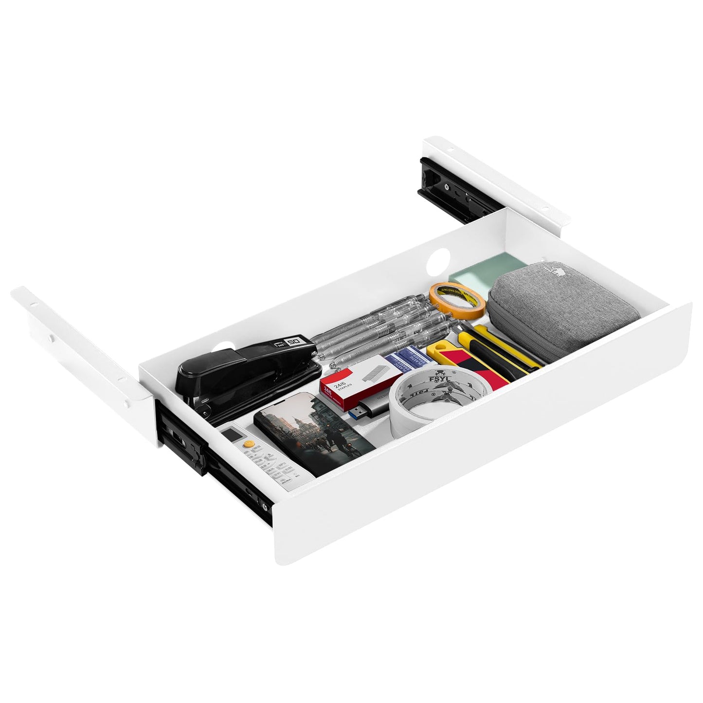 KHAMAL Under Desk Drawer Slide Out Large - Under Table Drawer 17.32" x 9.25", Pull-Out Storage Organizer With Cable Management For Home & Office (White)