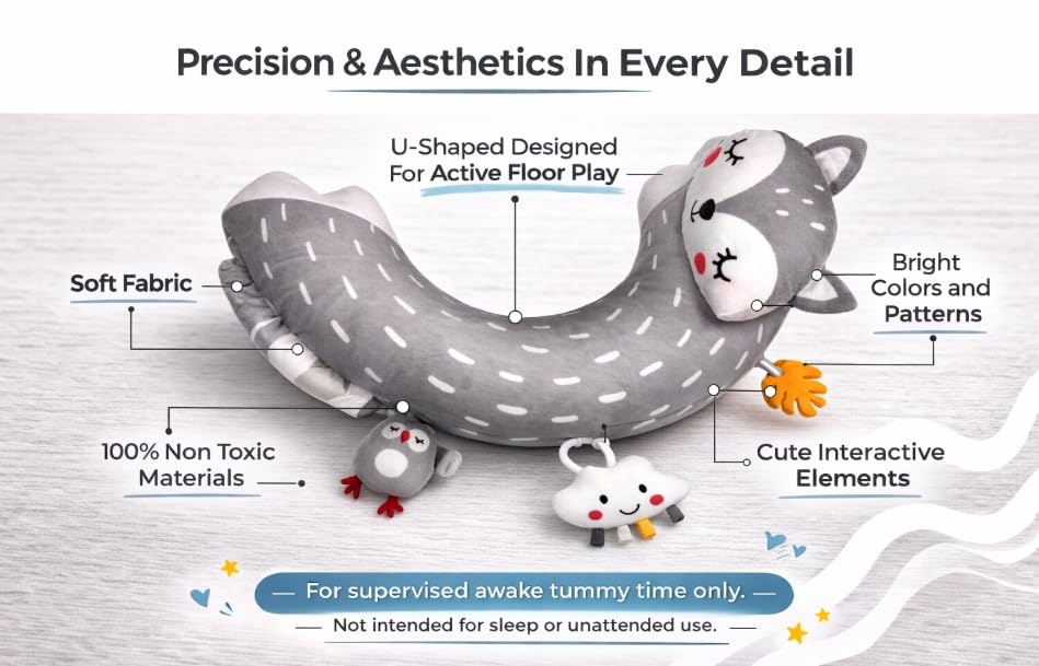 Autumn Bliss Co Tummy Time Activity Toy | Baby Sensory Pillow for Infants 0-6 Months | Pillow with Detachable Rattle | Crinkle & Teether Toys | Soft Breathable Floor Pillow for Newborns and Babies