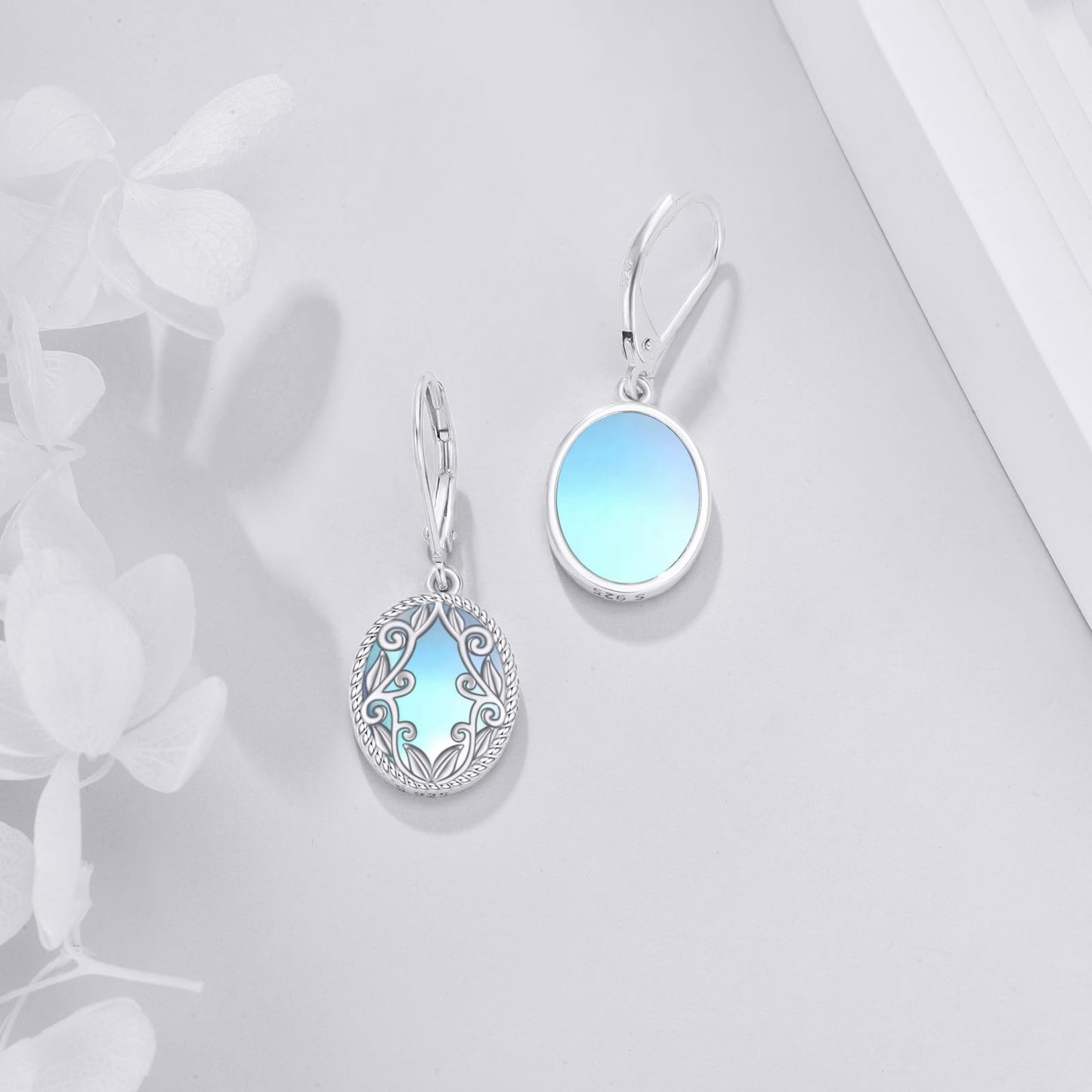 Moonstone Drop Earrings Sterling Silver Moonstone Oval Leverback Earrings Blue Stone Dangle Earrings Jewelry Christmas Gifts For Women