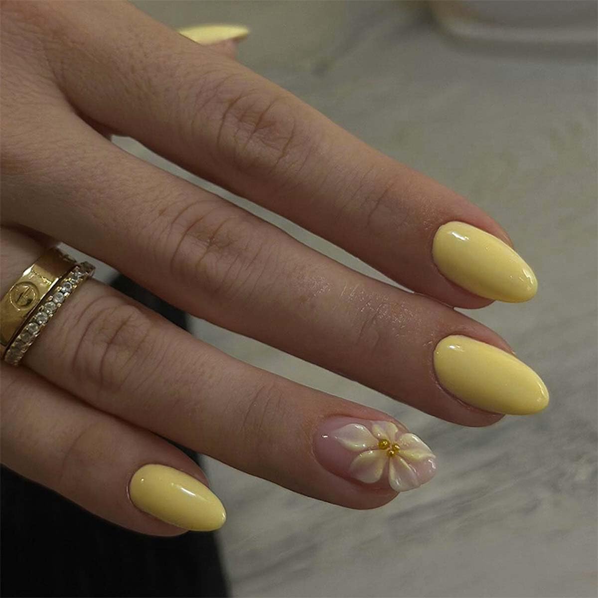 Yellow Press on Nails Medium Almond Fake Nails Flower Nails Press ons with Design Full Cover Stick on Nails for Women Manicure,Reusable | Artificial | Nail Sticky Tabs | Easy Apply | 24Pcs