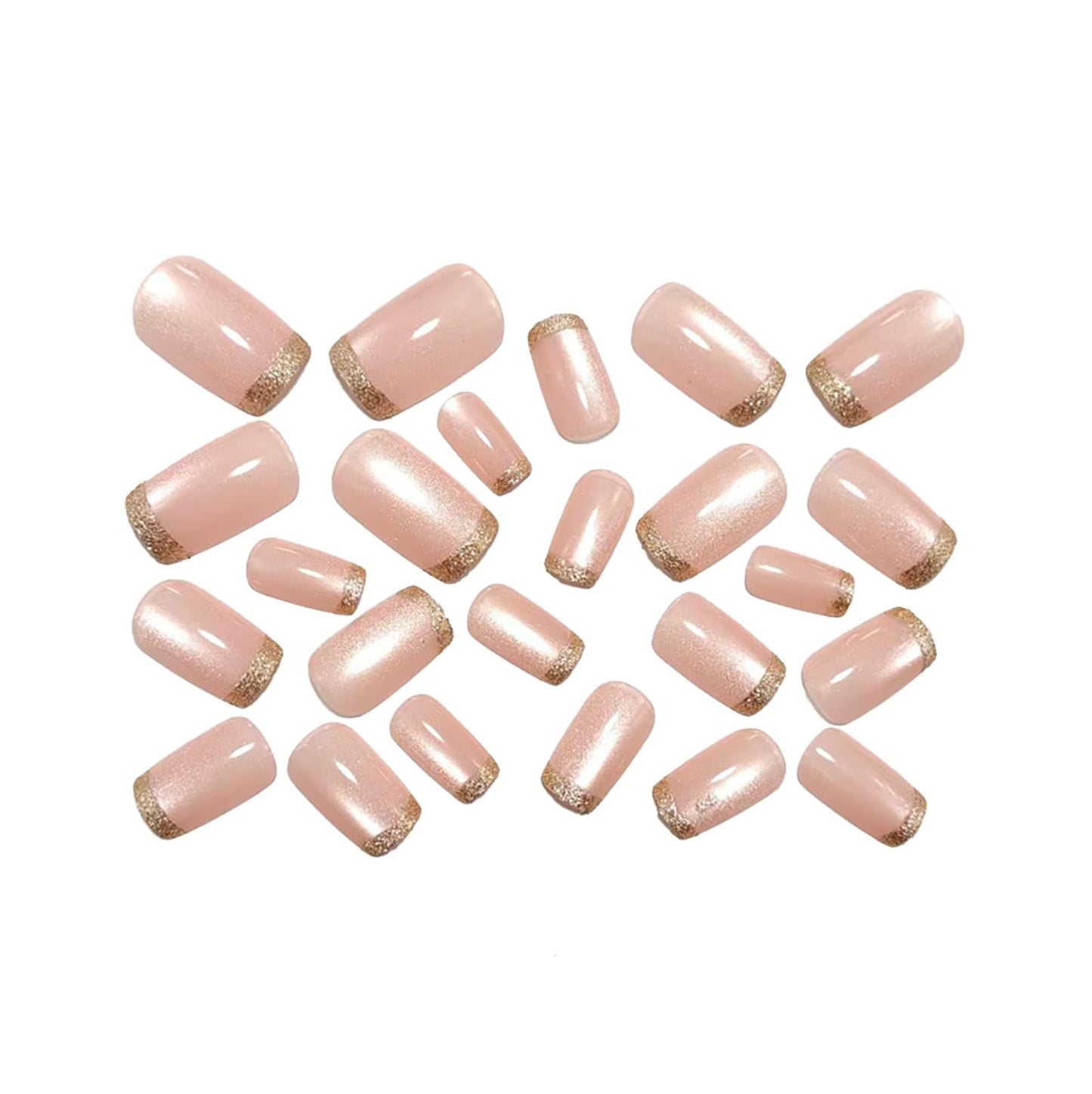 Medium Square Press on Nails Gold French Tip Fake Nails Nude Pink Cat Eye Press ons Acrylic False Artificial Full Cover Stick on Nails for Women Girls 24 Pcs