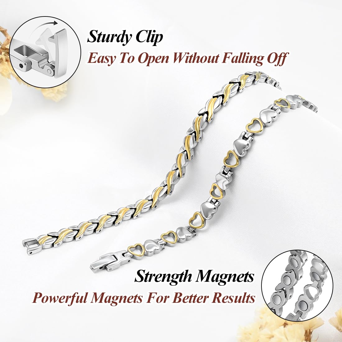 Vicmag Magnetic Bracelets for Women Titanium Steel Bracelet Strong Magnets with Adjustment Tool & Present Box (Silver Gold Fishtail & Love)