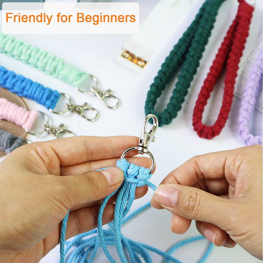 suo long Macrame Kits for Adults Beginner to Make 8 Macrame Keychain with 3mm Yarn Premeasured, Metal Key Ring,Instruction Book for Starter Adults DIY Craft Kit