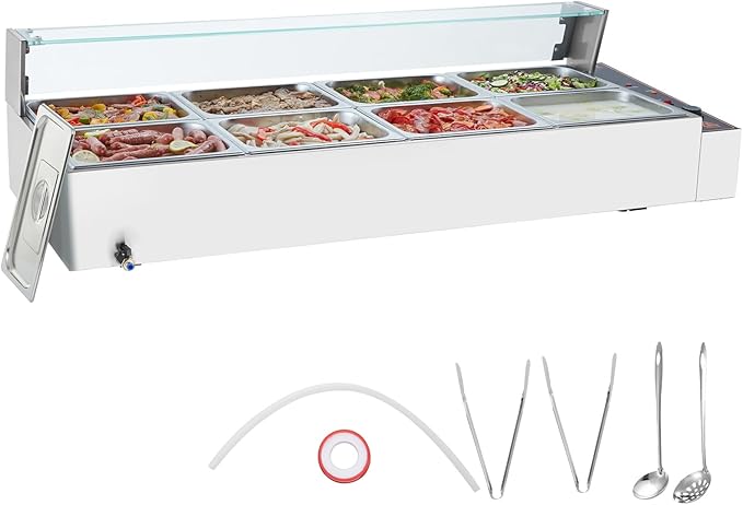 VEVOR 8-Pan Commercial Food Warmer, 8 x 12QT Electric Steam Table with Glass Cover, 1700W Countertop Stainless Steel Buffet Bain Marie 86-185°F Temp Control for Catering, Restaurants, Silver