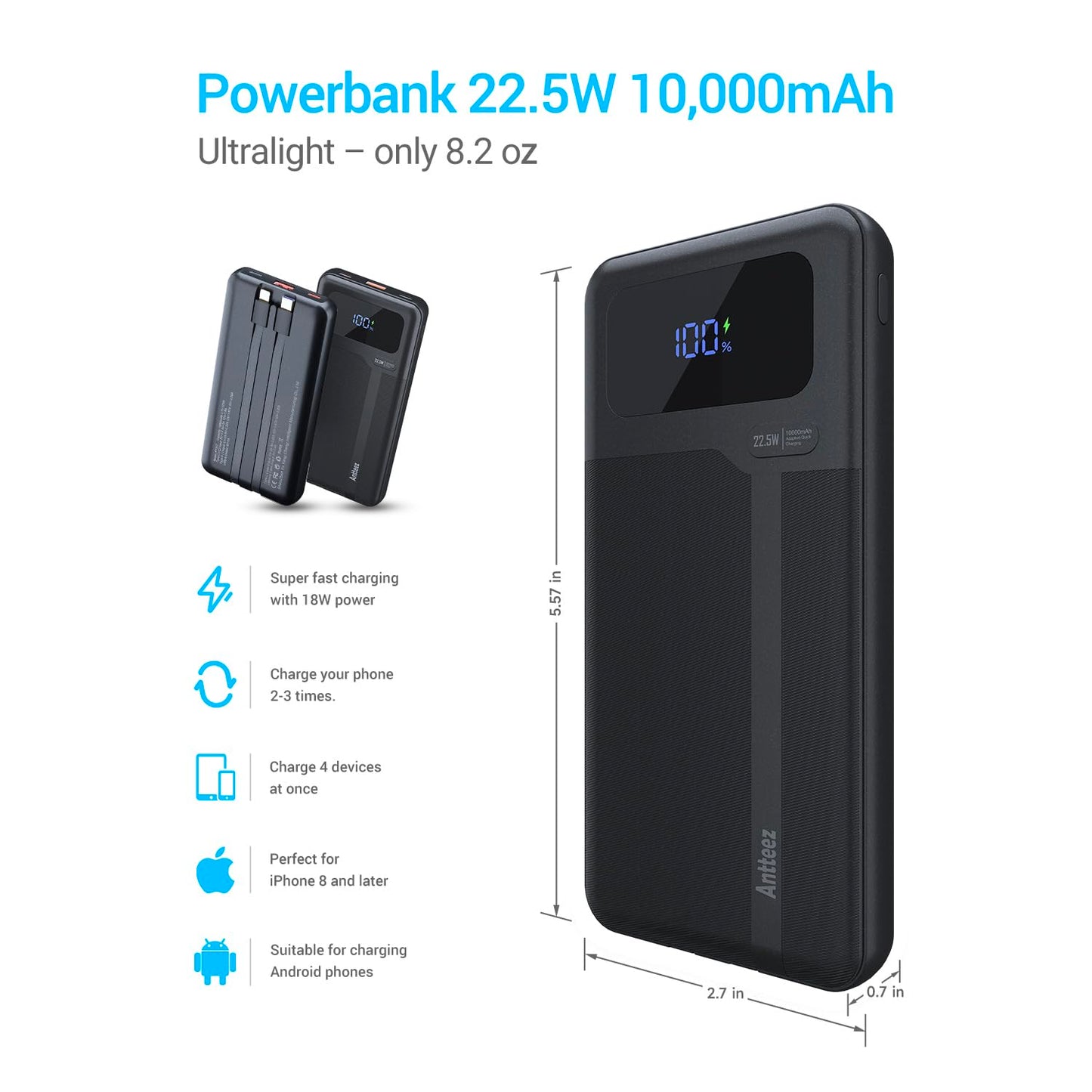 Antteez Portable Charger with Built in Cable - 10000mAh Fast Charging 22.5W Power Bank USB C LED Display Travel Battery Pack 4 Outputs & 2 Inputs for iPhone Samsung iPad Phones Tablets