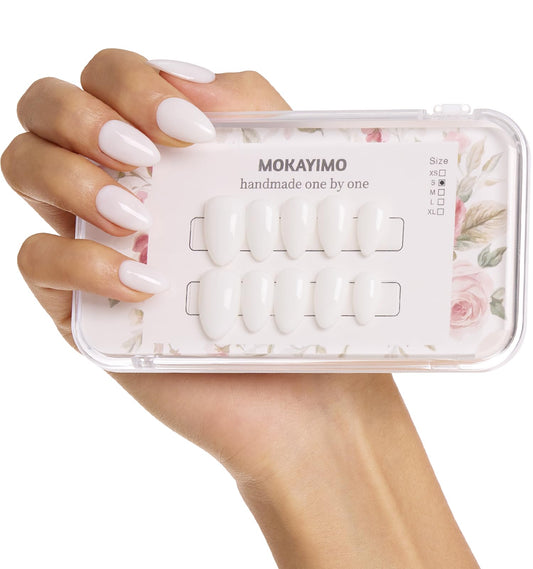 White Press On Nails Short，Almond Acrylic Nails Press On，10 Pcs Milky White Tip Press Ons,Handmade Custom-Sized False Nails Kit,Salon Quality,Long Lasting,Size XL for Wide Nails