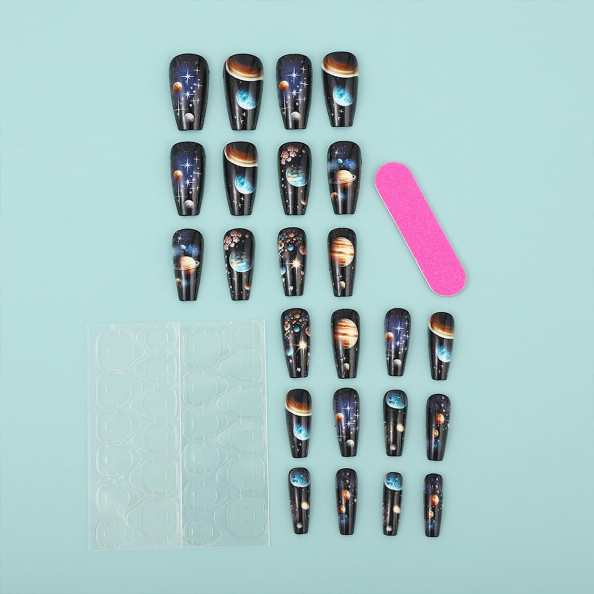 Medium Press on Nails Black Coffin Fake Nails with Full Cover Reusable Glue on Nails Glossy Planet Designs Medium Length Ballet Acrylic Stick on Nails for Women Girls 24Pcs