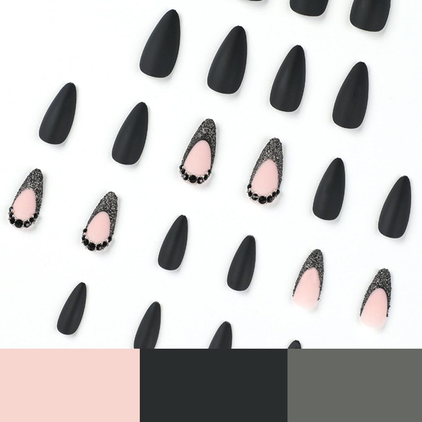 MISUD Press on Nails - Medium Stiletto Glue on Nails with Matte Black, Acrylic Bling Glitter Design 24 pcs