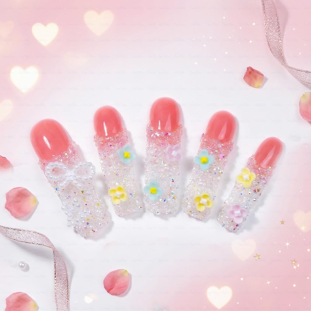 IntoVibes 3D Sugar Crystal Flower Press On Nails,Handmade Curved Down Groove Design, Pink Long Nails with Frosted Crystal Beads Cute Pastel Flowers, Reusable Fake Nails, Square Acrylic Nails(L)