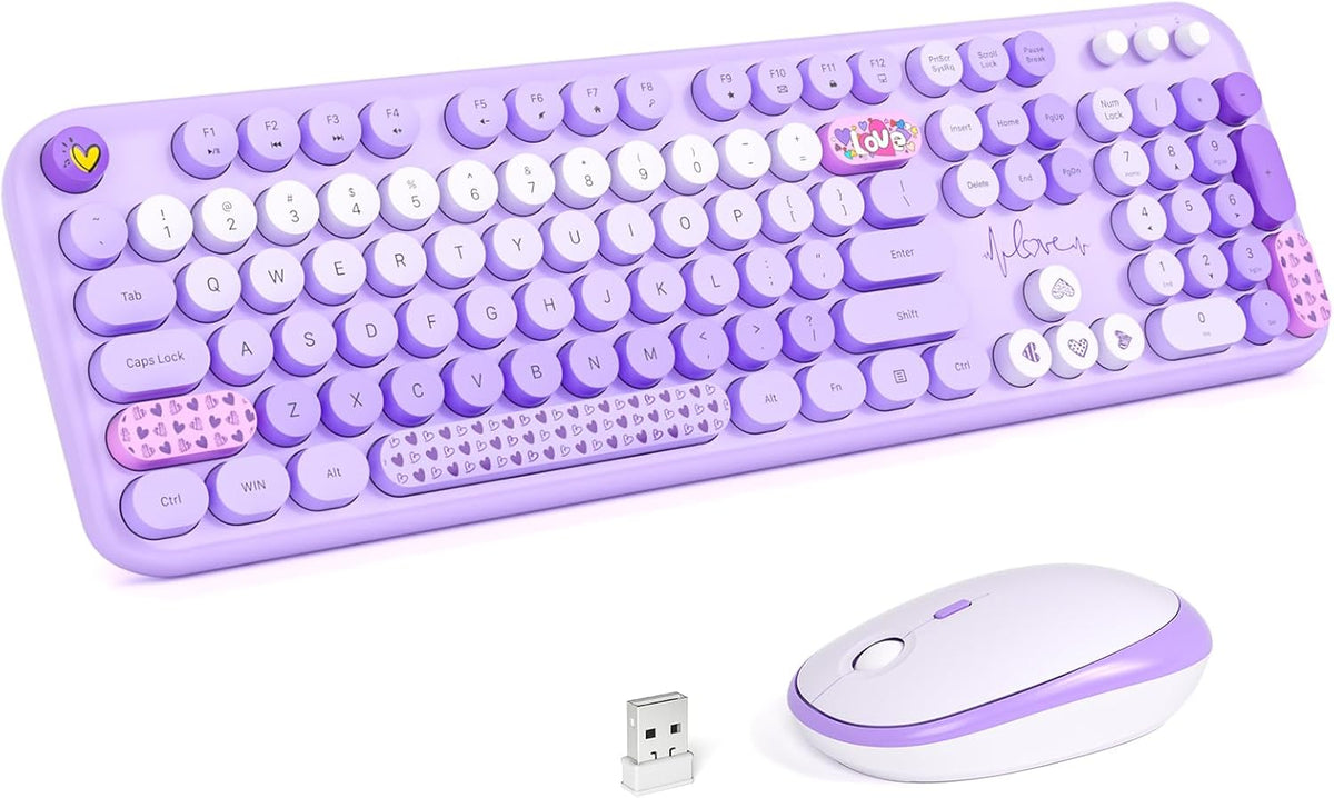 KNOWSQT Wireless Keyboard and Mouse Combo - Lovely Purple Rainbow Full-Sized Typewriter Colorful Keyboards, Round Keycap USB Plug Play Retro Cute Keyboards for Windows, Laptop, PC, Desktop, Computer