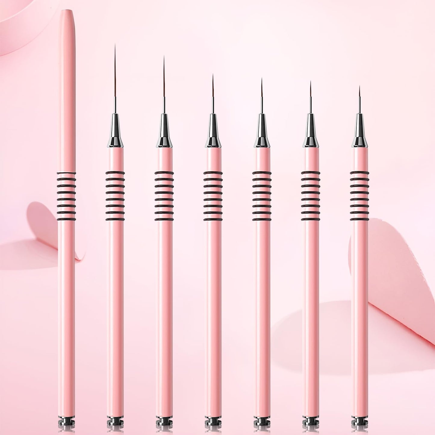 Nail Art Liner Brushes Set, 6Pcs Nail Art Design Brush Striping Thin Long Lines Dotting Drawing Pen, UV Gel Polish Painting Metal Handle Striper Brushes Size 5/7/9/11/20/25mm Pink