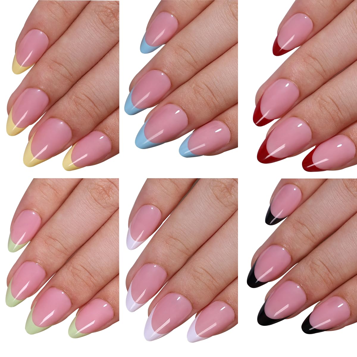 6 Packs (144 Pcs) French Tip Press on Nails Medium Almond Fake Nails 6 Color French Tip False Nails Full Cover Glossy Acrylic Stick on Nail for Women Manicure