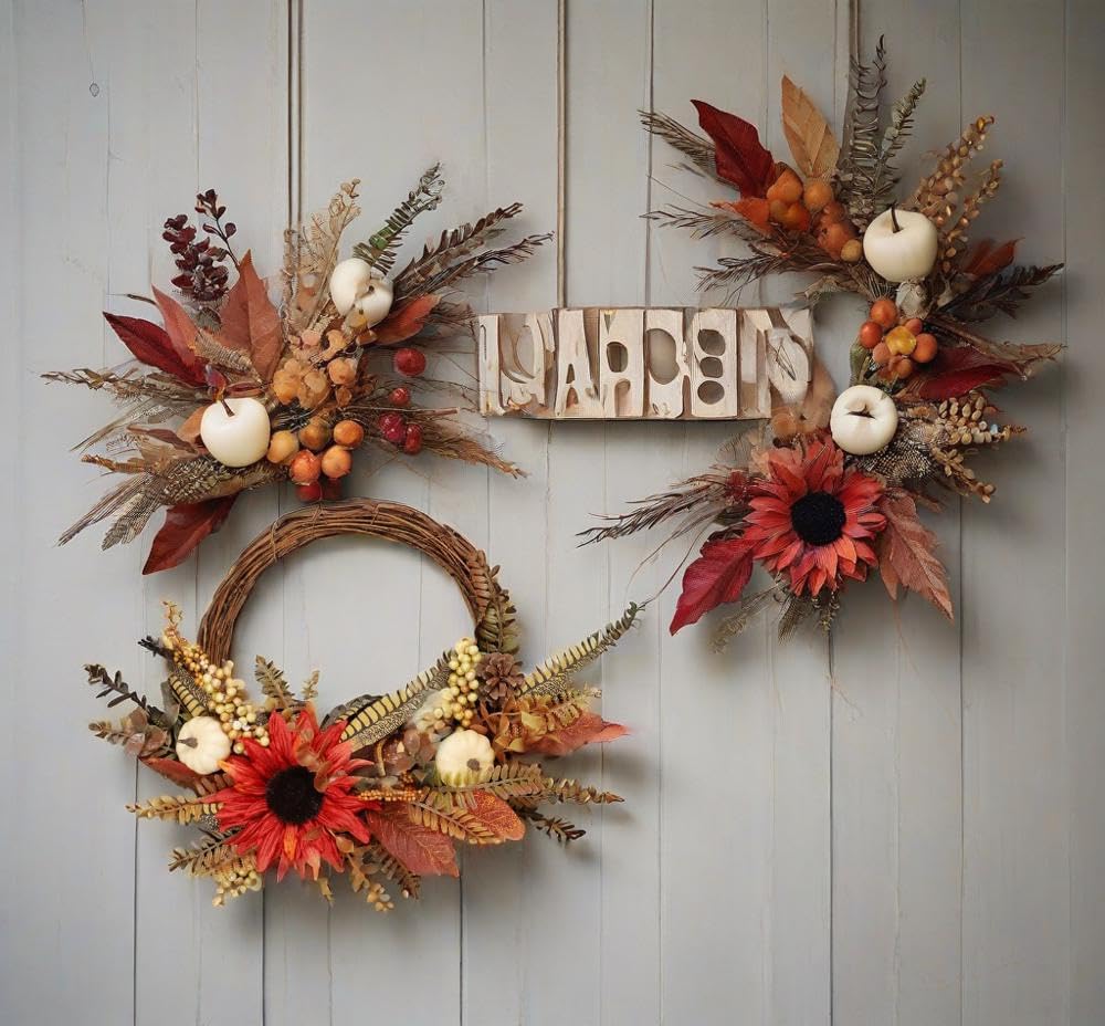 Fall Wreaths for Front Door, Autumn Wreath with Pumpkins, Berries and Leaves for Indoor Outdoor Porch Thanksgiving Farmhouse Harvest Halloween Home Décor (White Pumpkin)