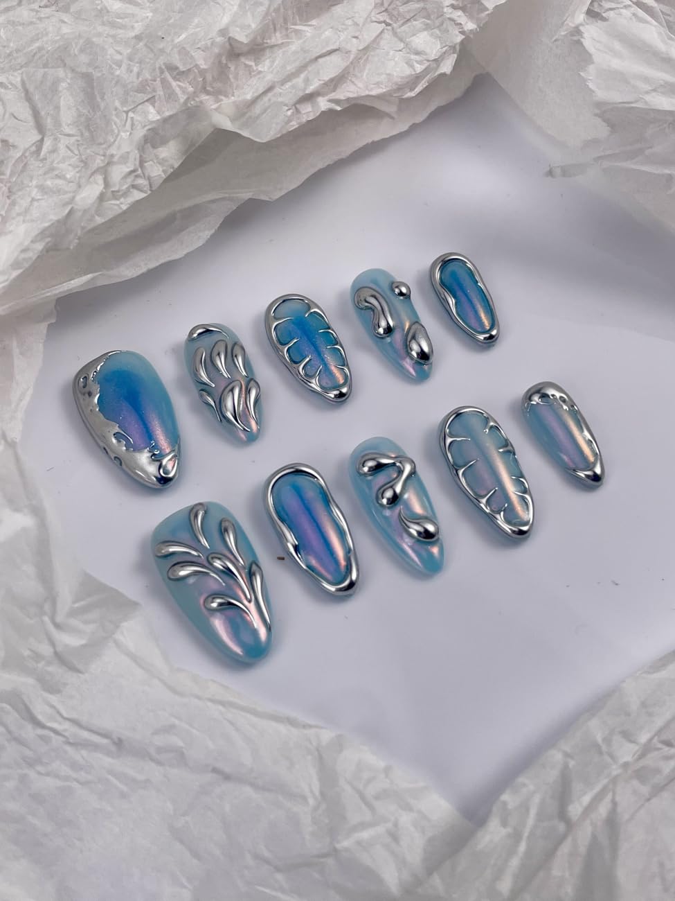 RDNTBEU Press on Nails Blue Ombre Medium Almond 3D Fake Nails Reusable Luxury Handmade False Nails with Design Solid Chrome,Press ons Muti-Layer Gel Acrylic Handmade Nails for Wome Manicure(Size S)
