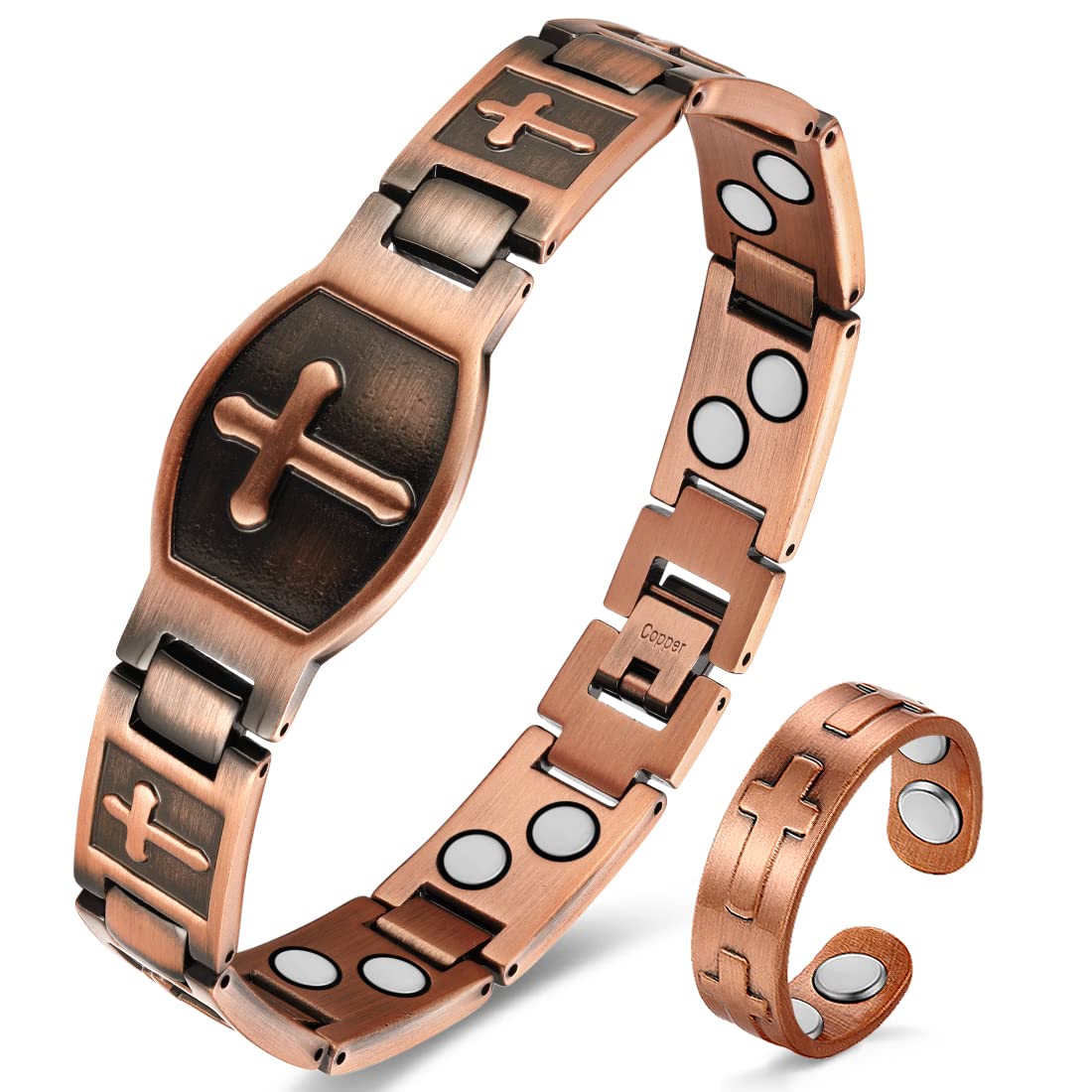 Cigmag Copper Bracelet for Men Double Row Ultra Strength Magnets Pure Copper Magnetic Bracelet & Ring with Adjustable Sizing Tool (Cross)