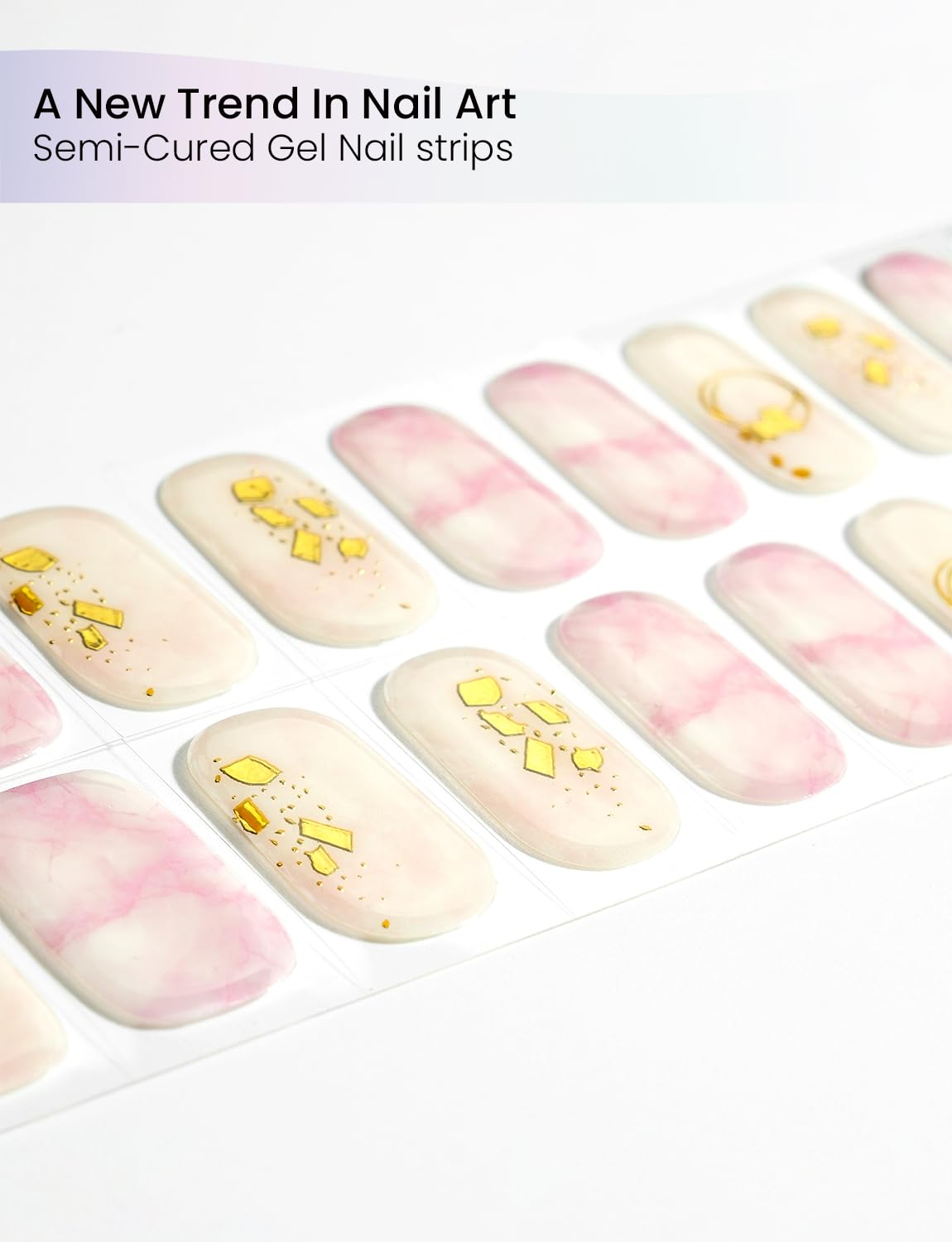 Oauee Semi Cured Gel Nail Strips | Built-In Gel Top Coat | UV Light Required | Salon Quality, Easy Application And Removal (Gilded Marble Dream）