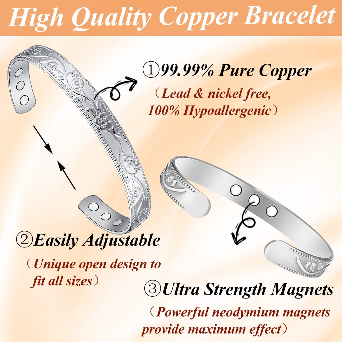 Cigmag 2PCS Copper Bracelets for Women Pure Copper Bracelet Cuff Bangle Strength Magnets Adjustable (Silver)