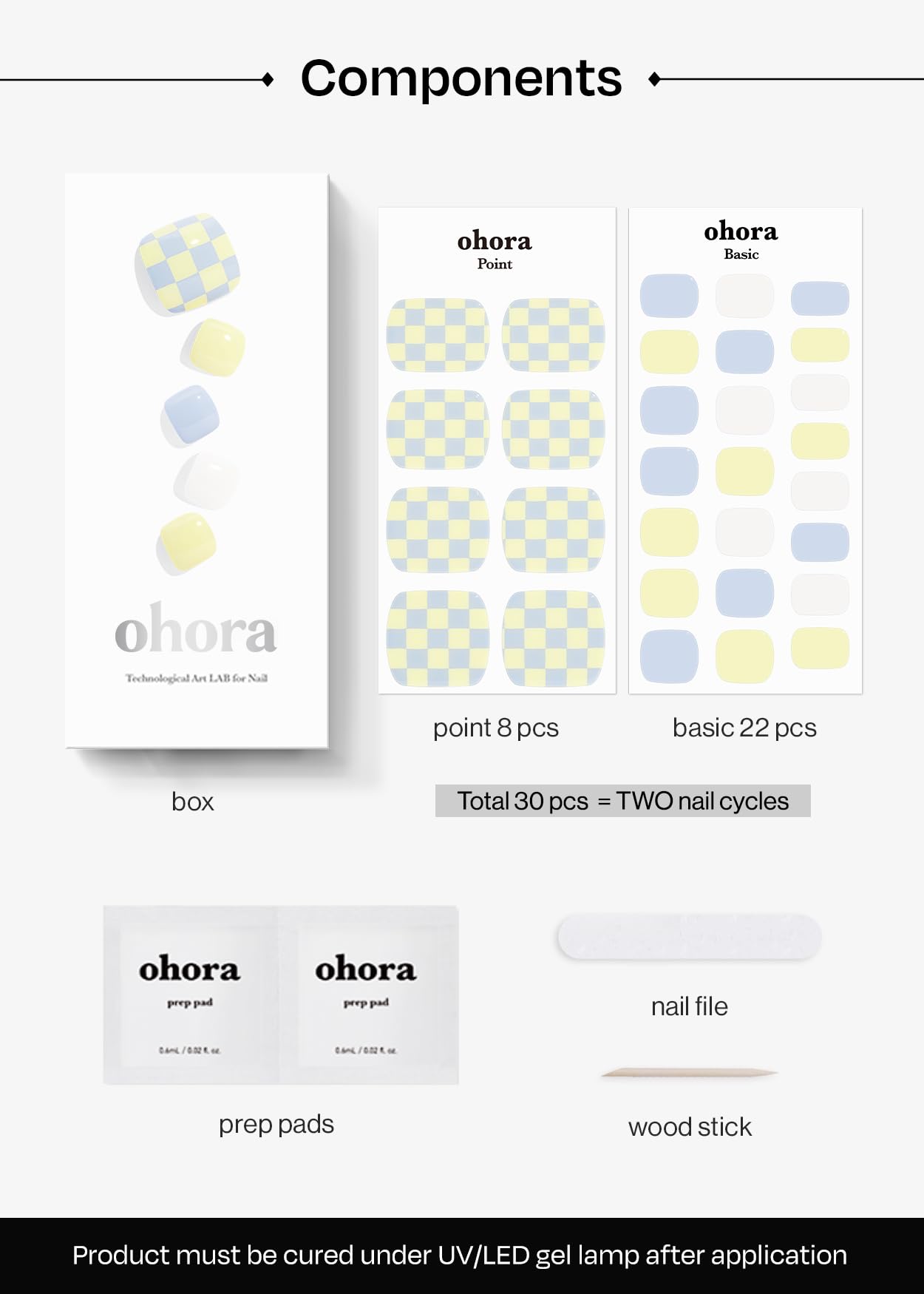 ohora Semi-Cured Gel Pedi Strips 34pcs(P Marble Soda) - Includes 16 Solid Color, 14 Accent Wraps, 2 Prep Pads, Nail File & Wooden Stick