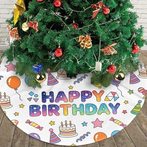 Happy Birthday Christmas Tree Skirts 36", Colorful Cake Balloon Xmas Tree Cloth Mats Trees Skirts for Decor Gift, Home Decoration