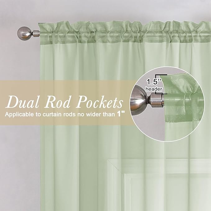 Lecloud Light Green Sheer Curtains 54 Inch Length 2 Panels, Voile Bedroom Curtains for Windows, Airy Lightweight Dual Rod Pocket Curtain Drapes Window Treatments, Each Panel 42 X 54 Inch
