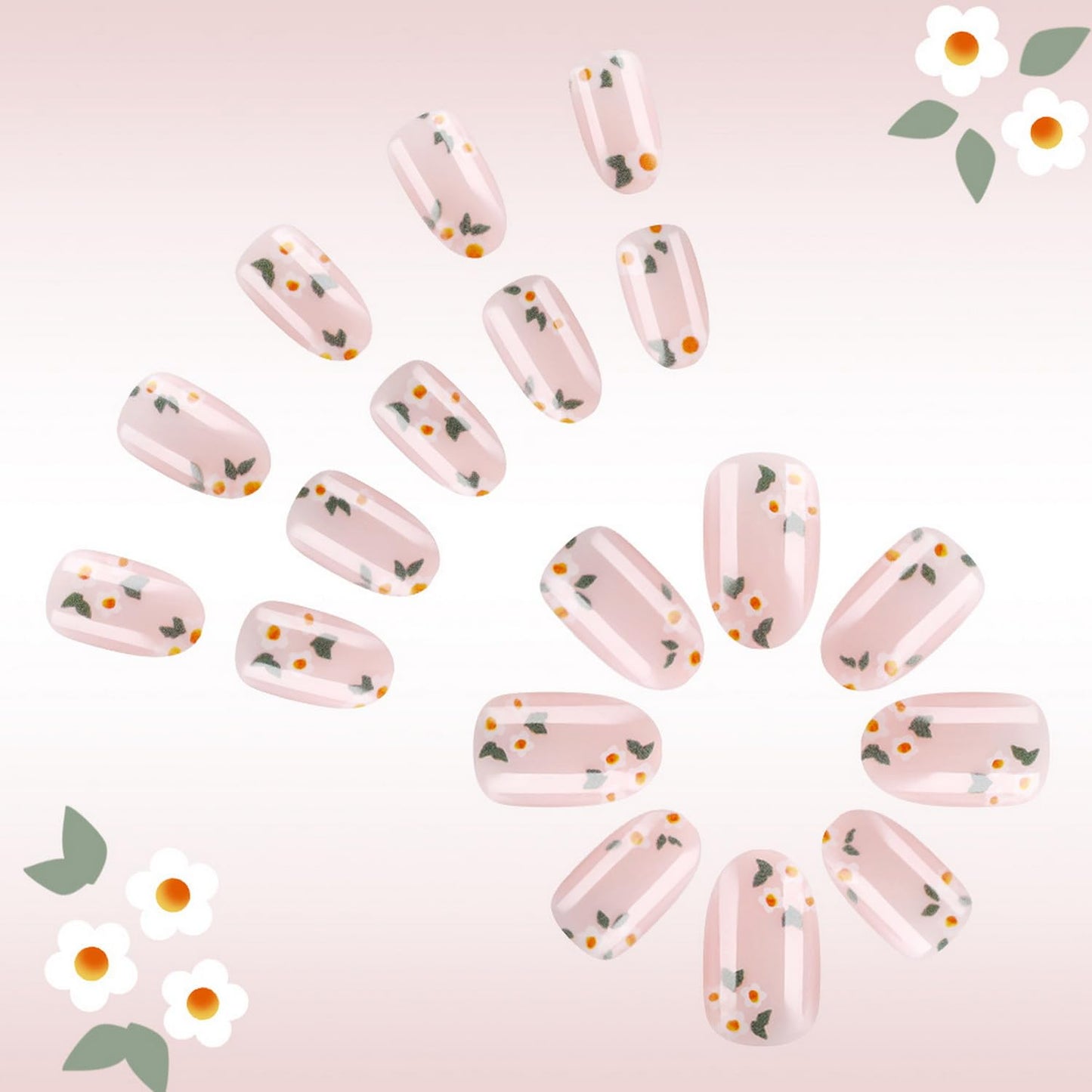 Spring Press on Nails Short Almond Fake Nails Nude Acrylic Nails with Flower designs Cute False Nails Glossy Full Cover Nature Glue on Nails for Women Summer Art Manicure Decor 24pcs