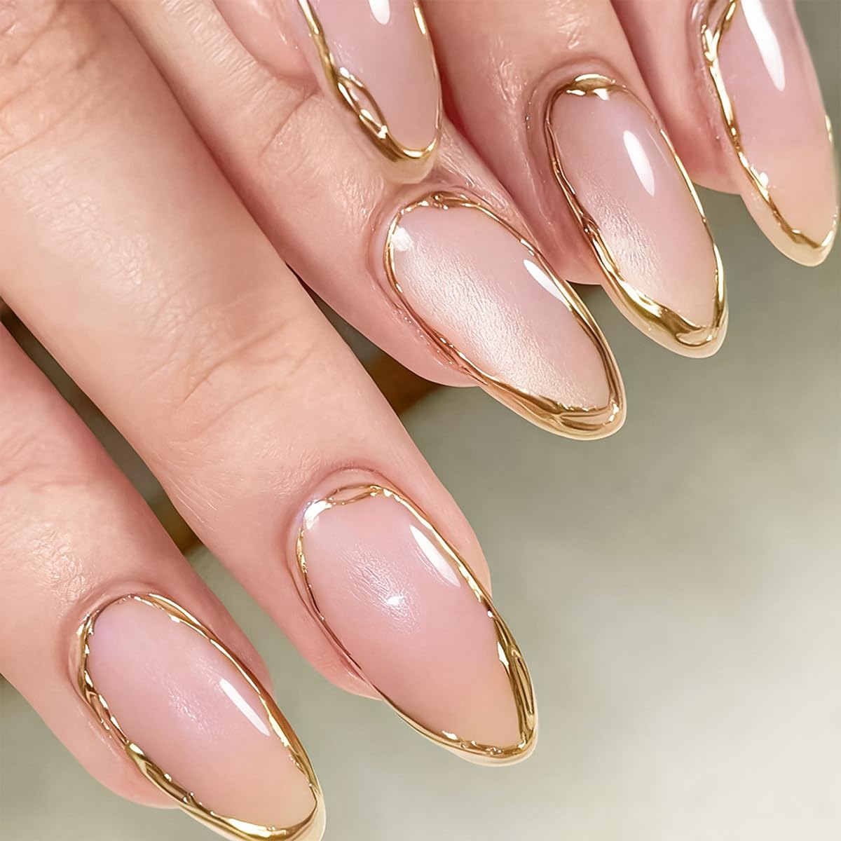 Gold Chrome Press on Nails Medium Almond Fake Nails with Design Full Cover Stick on Nails for Women Manicure,Reusable | Artificial | Nail Sticky Tabs | Easy Apply | 24Pcs