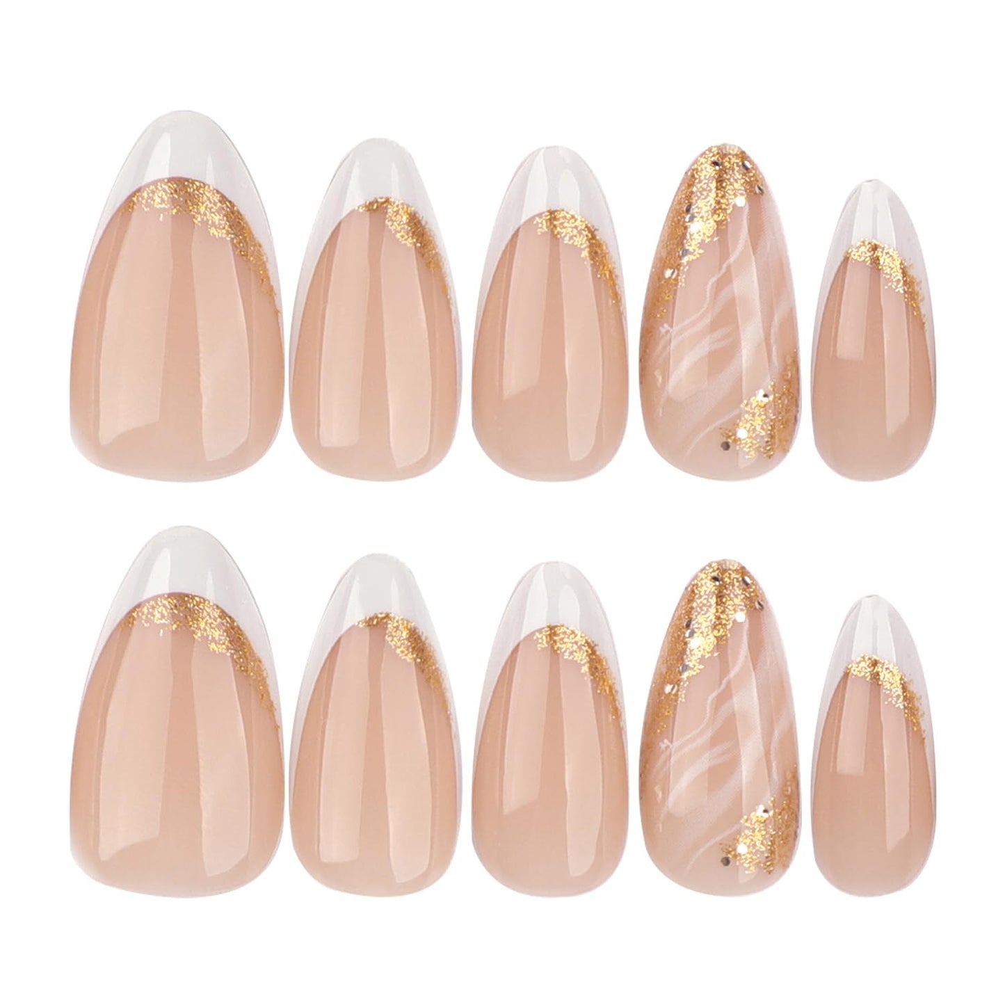French Tip Press On Nails Short Almond, Nude Pink Fake Nails with Gold Foil Accent, Glossy Elegant Stick On Nails for Women, 24PCS Nail Kit