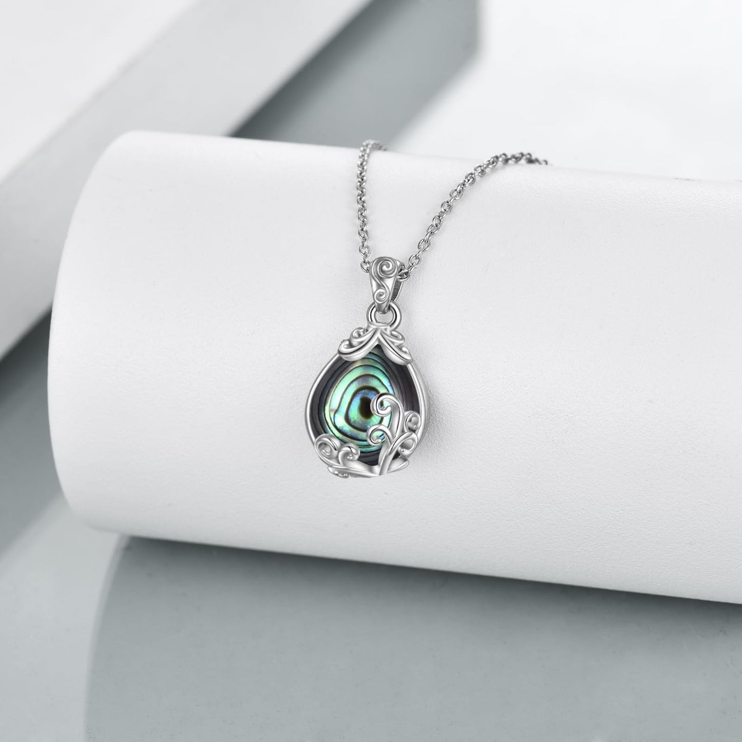 POPLYKE Sterling Silver Abalone Shell Filigree Teardrop Pendant Necklace Gemstone Crystal Jewelry for Women