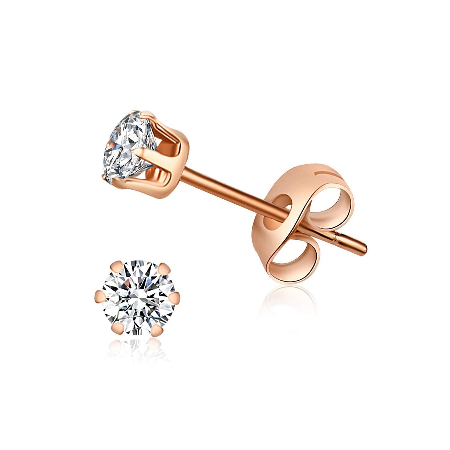 FOSIR 6 Pairs Tiny Women's 14K Rose Gold Plated Stainless Steel Round Clear Cubic Zirconia Stud Earrings