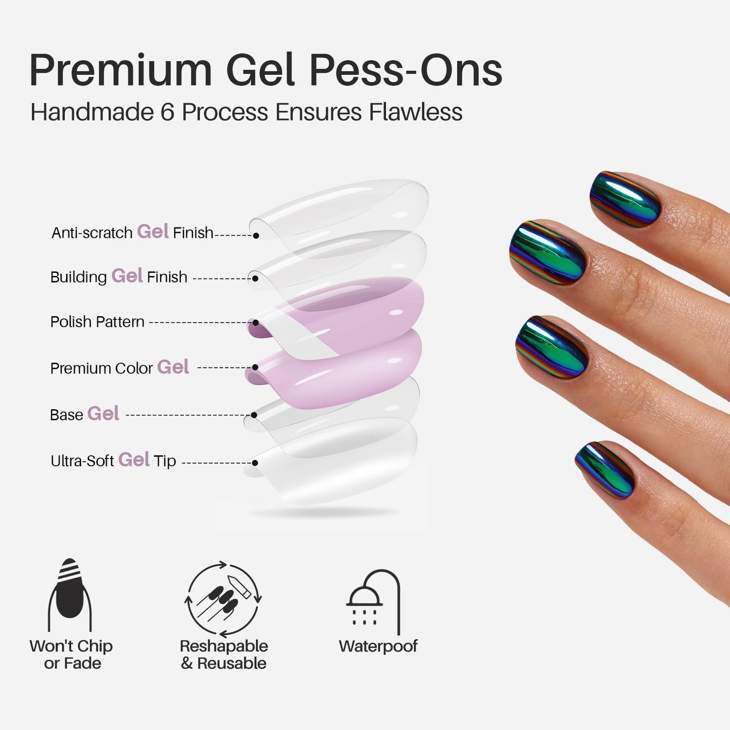 Metallic Chrome Press on Nails Square - SHANGMENG Green Purple Holo Short Nails for Women Gift, Soft Gel Glossy Glue on Nails with Glue in 16 Sizes - 32 Reusable Fake Nails Kit, Liquid Metal