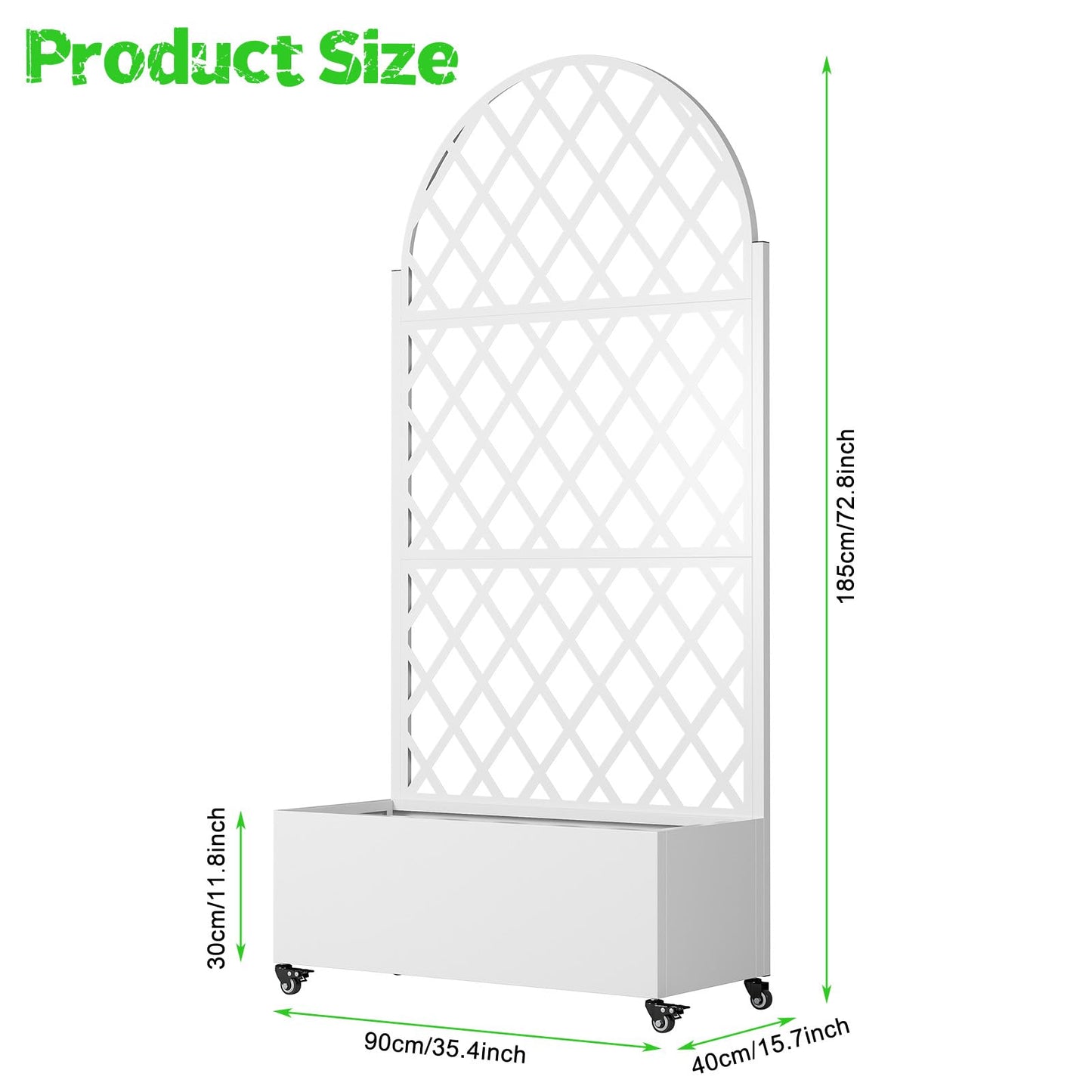 Metal Planter Box with Trellis, Raised Garden Bed with Drainage Hole, Privacy Screen, Wheels, 73"x 35"x 16" Planters Box for Climbing Plants Vegetable Vines, Space-Saving Design, White