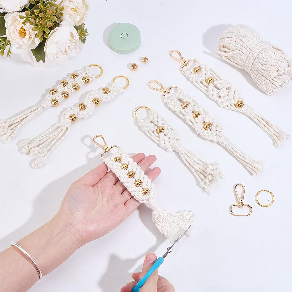 INFUNLY 6pcs DIY Macrame Keychain Kits with Golden Beads Boho Keychain Making Kit for Adult Beginner with Instruction DIY Crafts Projects Handmade Keyrings Knotting Set for Car Key Phone Wallet