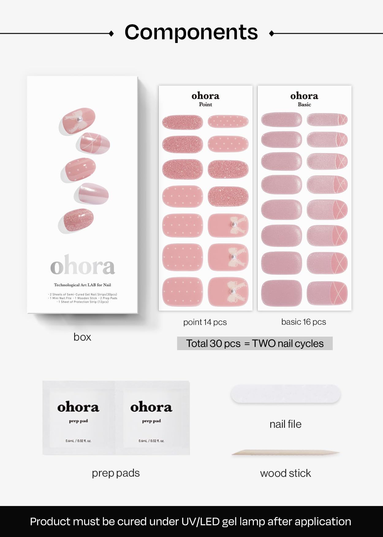 ohora Semi Cured Gel Nail Strips (N Sheer Tutu) - Works with Any Lamps, Salon-Quality, Long Lasting, Easy to Apply & Remove - Includes 2 Prep Pads, Nail File & Wooden Stick