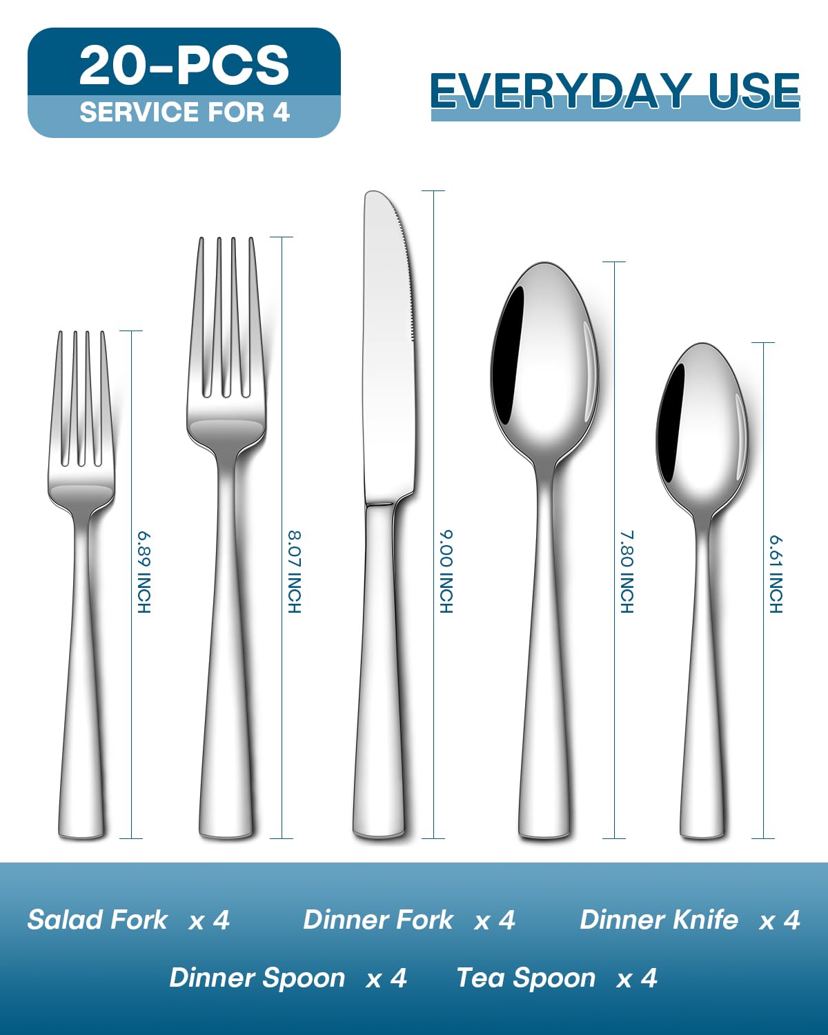 Stapava 20 Piece Silverware Set, Food-Grade Stainless Steel Flatware Sets for 4 Mirror Polished Cutlery Utensil Sets Include Dinner Knives Spoons and Forks Set Dishwasher Safe for Home Restaurant