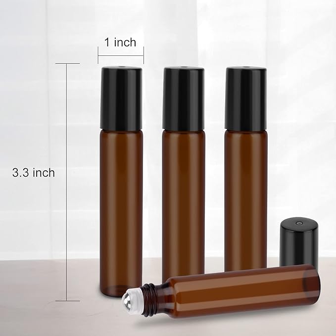sungwoo 6 Pack Essential Oil Roller Bottles, 10ml Amber Glass Roller Bottles with Stainless Steel Roller Balls and Caps for Travel, Perfume and Lip Gloss