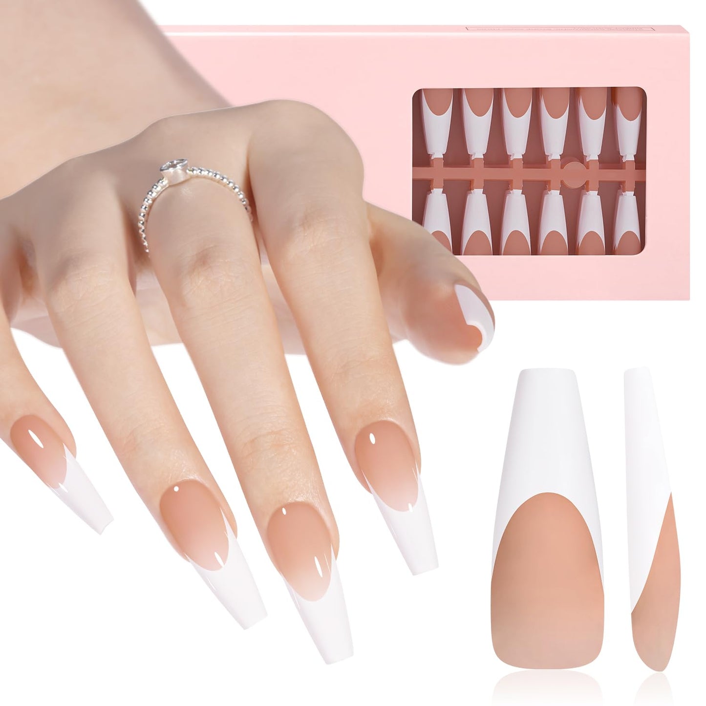 AILLSA French Gel Nail Tips, 180 Pcs French Tip Press On Nails Long Coffin Brown, Pre-Applied Primer & Base Coat, No Need File, Soft Nail Tips, Fake Nails for Nail Art DIY 15 Sizes