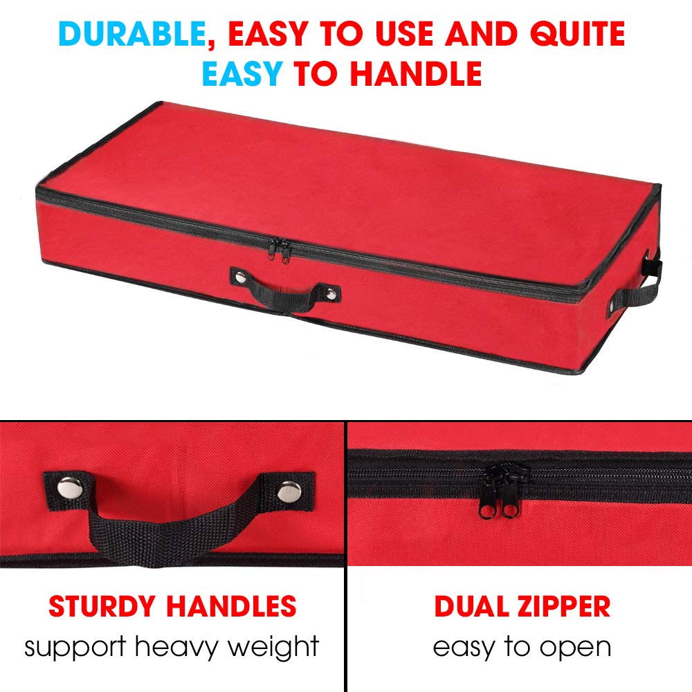 Primode Wrapping Paper Storage Container | Under Bed Gift Wrap Organizer for 30 Inch Rolls | 31”x13.5”x4.5” | 600D Oxford Material | Box Holder with Pockets for Ribbon, Bows, and Accessories (Red)