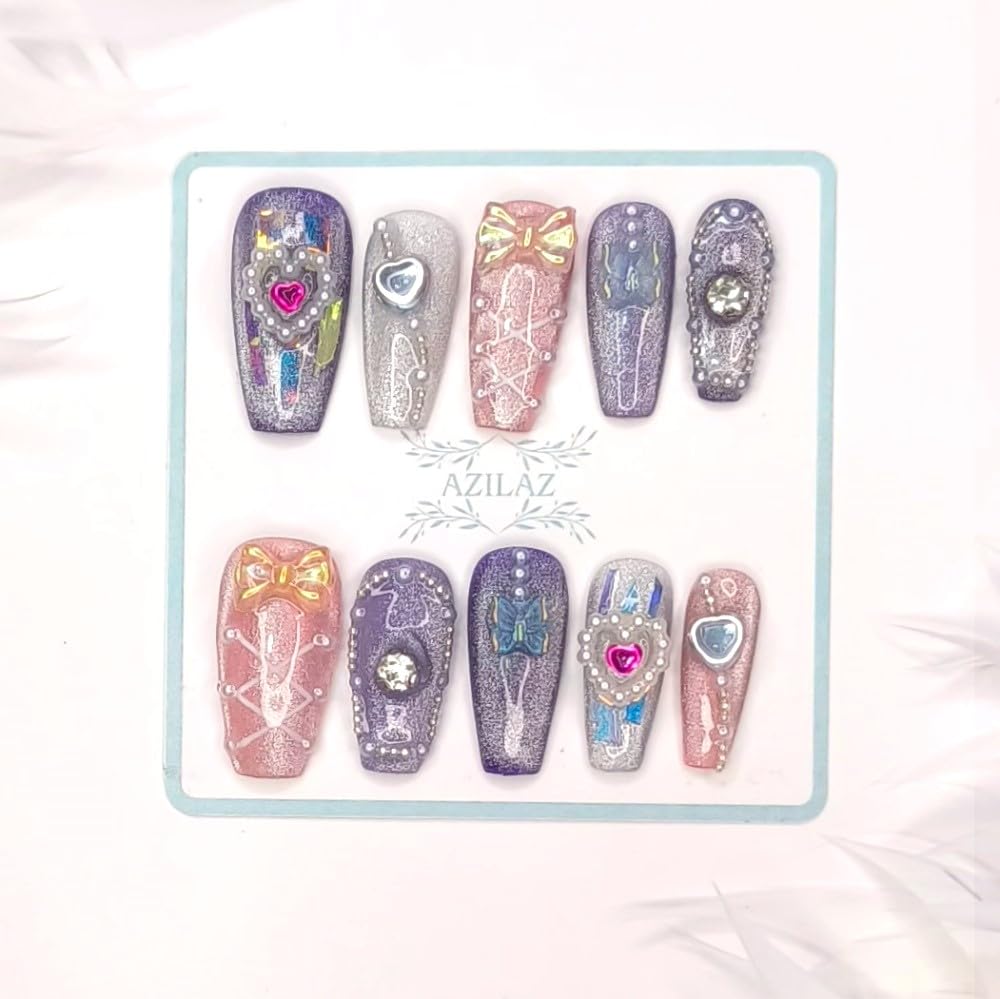 Azilaz Press-on Nails, Handmade M Coffin Shape, Pink Purple Silver Glitter Hearts Design with Crystals,Upgrade Size XS-XL, 10 Piece Set(Large)
