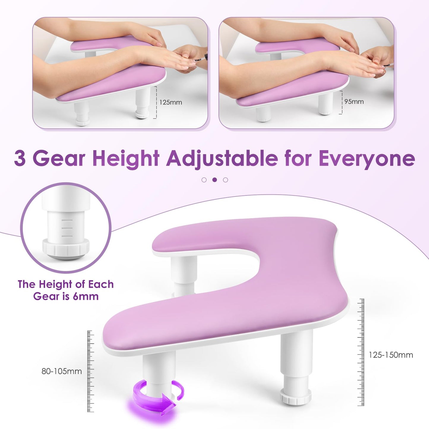 Manicure Arm Rest for Nails Tech: U-shaped Adjustable Nail Armrest - Purple PU Leather Hand Stand Rest for Manicurists