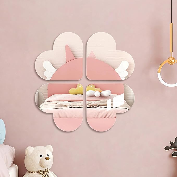 Cute Anti-Scratch Mark Non-Punch Acrylic 4 Heart-Shaped Mirror Set,High Definition Wall Mirrors for Homes, Offices and Children's Rooms, are Not Brittle or Deformable