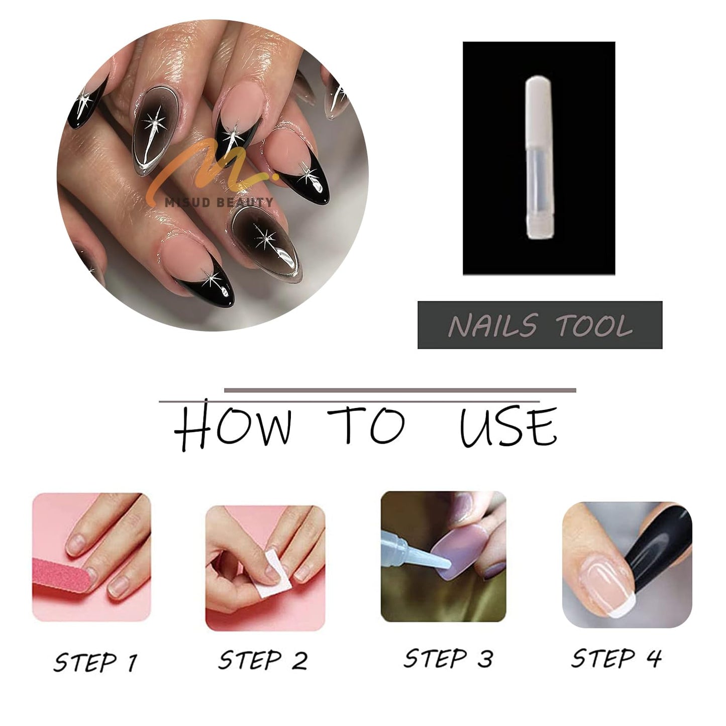 MISUD Press on Nails - Medium Almond Fake Nails with Goth Black, Acrylic Silver Chrome Star Design 24 pcs