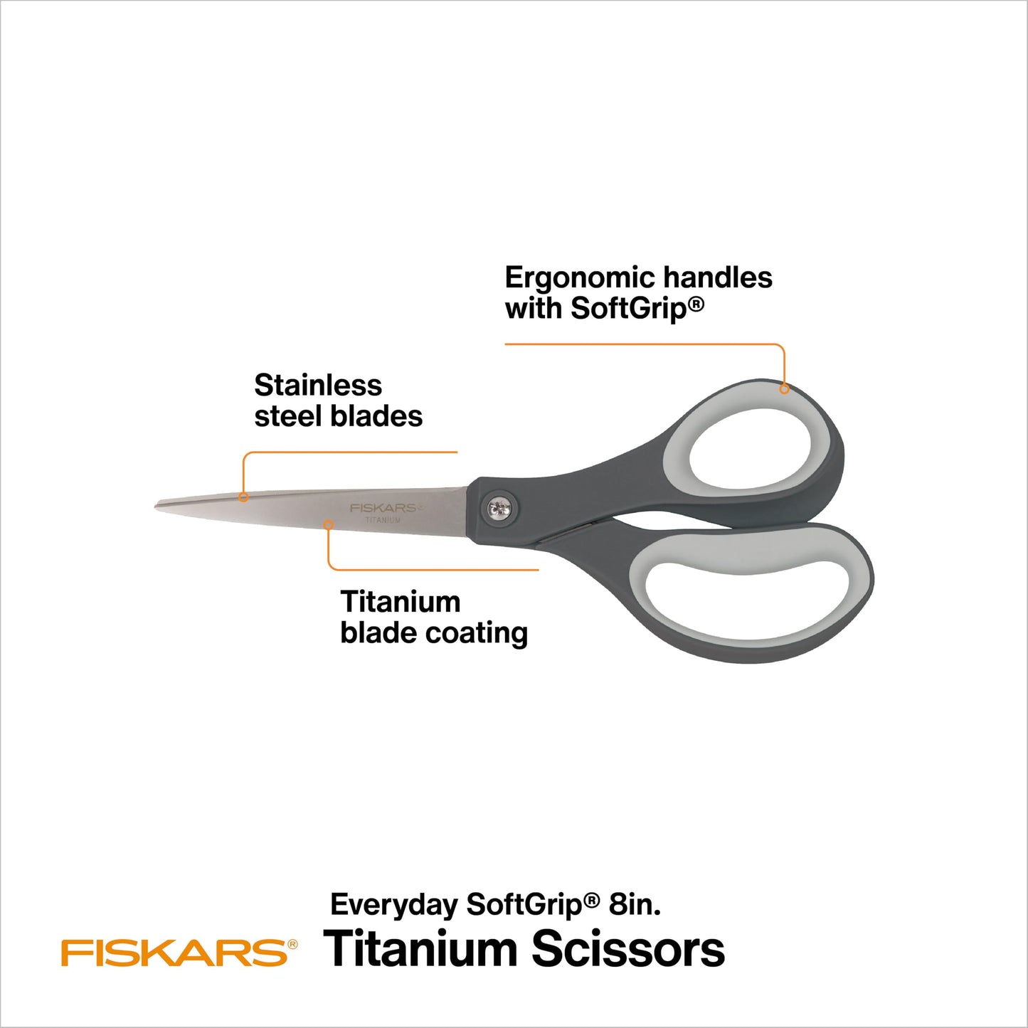 Fiskars 8" Comfort Grip Titanium All Purpose Scissors, Sharp Stainless Steel Blades for Everyday Cutting Tasks, Home, Office, and Arts & Crafts, Gray