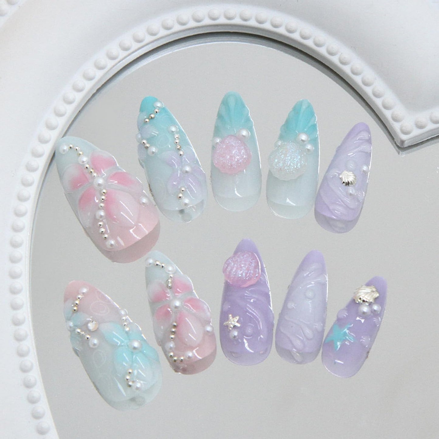 24Pcs Colorful Flower Press on Nails Medium Almond Fake Nails with Flower Pearl Starfish Design French Tip False Nails Shell Summer Glue on Nails Cute Artificial Stick on Nail for Women Manicure